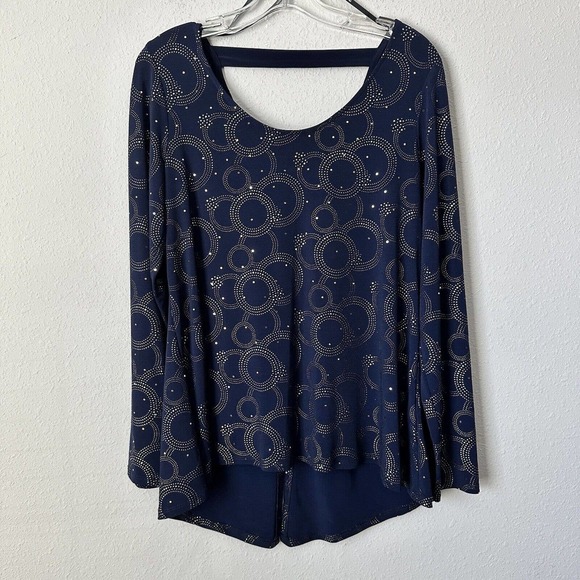 Frank Lyman Design Tops - Frank Lyman Gold Speckled Navy Blue Long Sleeve Split Back Top